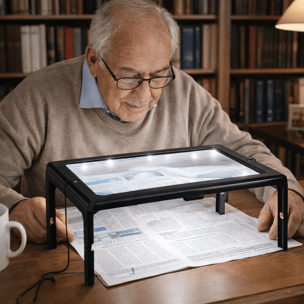 Folding Desktop Magnifier with Built-In LED Light for Reading Books and Small Print | Hands-Free 3X Magnification Lens for Crafts Hobbies