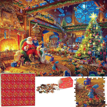 Advent Calendar Christmas Jigsaw Puzzle 1008 Pieces – Daily 42-Piece Countdown Set with Workshop Scene & Poster for Kids & Adults