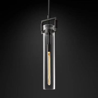 Industrial Glass Cylinder Hanging Light Fixture with Metal Frame & Edison Bulb for Kitchen Island Dining Room