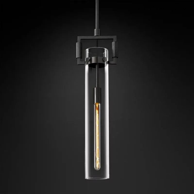 Industrial Glass Cylinder Hanging Light Fixture with Metal Frame & Edison Bulb for Kitchen Island Dining Room