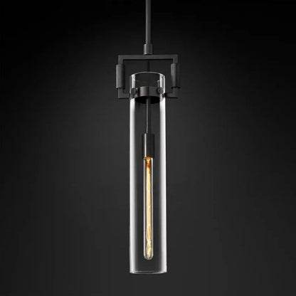 Industrial Glass Cylinder Hanging Light Fixture with Metal Frame & Edison Bulb for Kitchen Island Dining Room