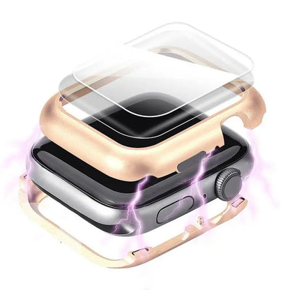 Armored Tempered Glass Watch Shield with Metal-Look Bumper Cover for Apple Watch 38mm-44mm Series 1-6