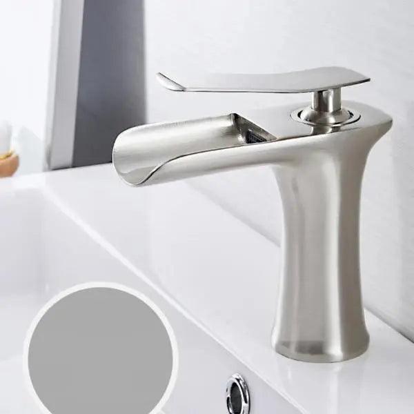 Deck-Mount Bathroom Faucet with Single Lever Control in Polished Metallic Finish for Sink | Contemporary Waterfall Spout Fixture | Easy Inst