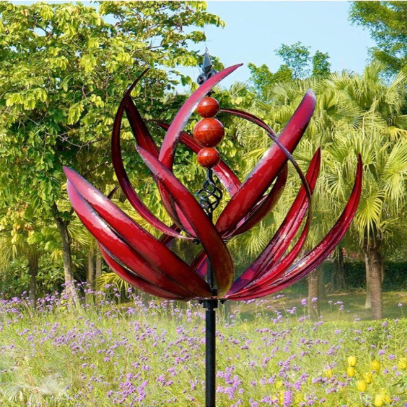 Kinetic Yard Sculpture Spinning Metal Stake Decoration for Lawns Patios Gardens Breeze-Activated Weatherproof Accent Piece Red Blue Reflecti