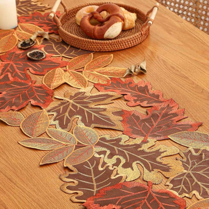 Aurelia Table Runner - Embroidered Autumn Leaves, Woven Microfiber