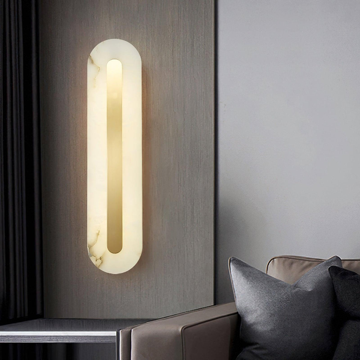 Alabaster Wall Sconce with Brass Accents – Modern LED Fixture for Living Room, Hallway & Bedroom