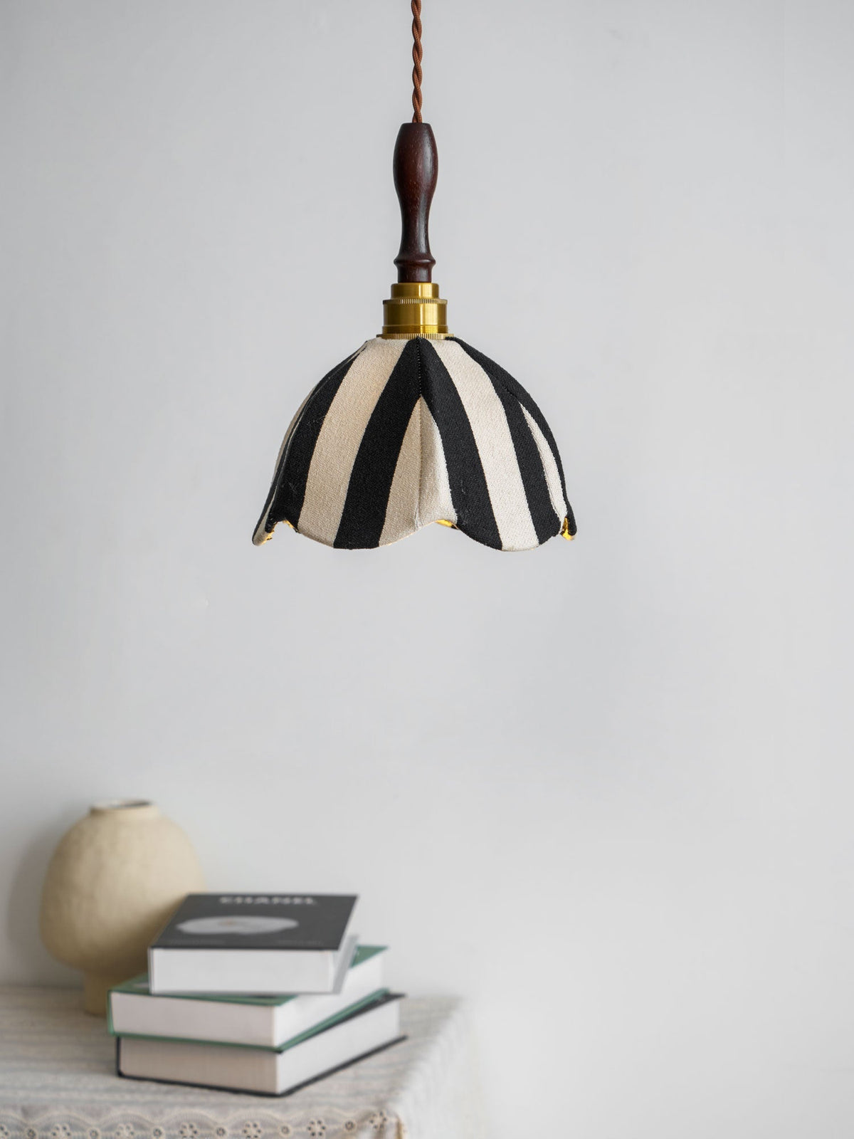 Hanging Ceiling Light with Tulip-Style Striped Shade 7.9 in Diameter Adjustable Wood Accent for Kitchen Dining Room Reading Nook Breakfast A