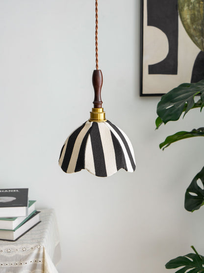 Hanging Ceiling Light with Tulip-Style Striped Shade 7.9 in Diameter Adjustable Wood Accent for Kitchen Dining Room Reading Nook Breakfast A