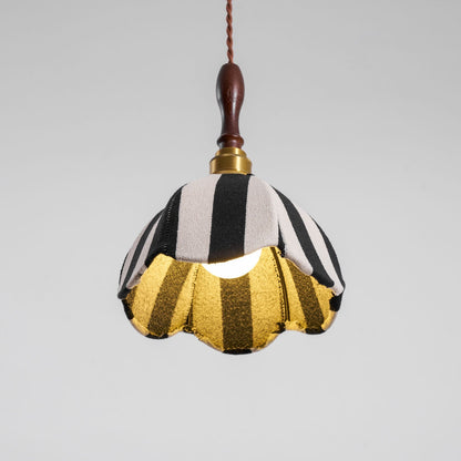 Hanging Ceiling Light with Tulip-Style Striped Shade 7.9 in Diameter Adjustable Wood Accent for Kitchen Dining Room Reading Nook Breakfast A