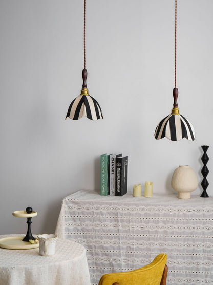 Hanging Ceiling Light with Tulip-Style Striped Shade 7.9 in Diameter Adjustable Wood Accent for Kitchen Dining Room Reading Nook Breakfast A