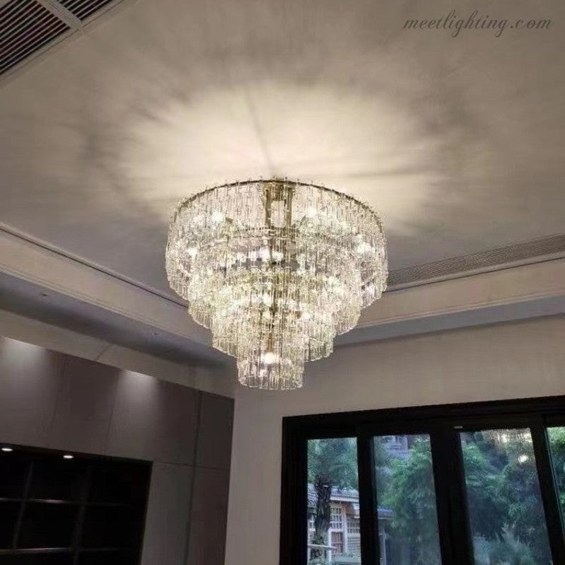 Five-Tier Crystal Chandelier 61 in Diameter 17-Light Statement Ceiling Fixture for Living Room Dining Room Foyer Entryway Hotel Lobby