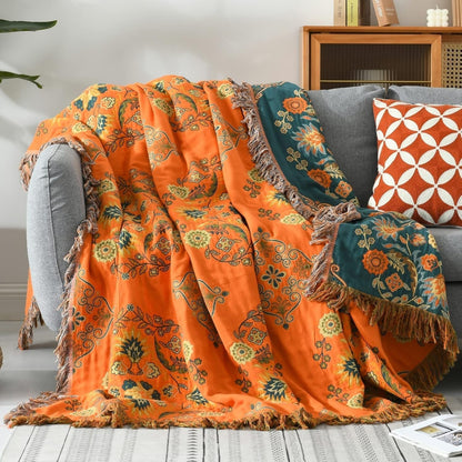 Marigold Throw Blanket - Reversible Cotton, Floral Design