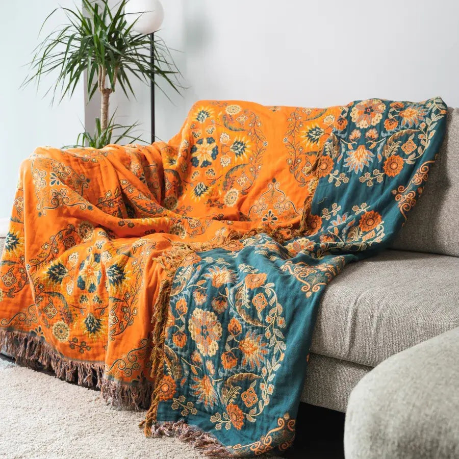 Marigold Throw Blanket - Reversible Cotton, Floral Design