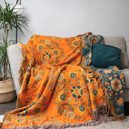 Marigold Throw Blanket - Reversible Cotton, Floral Design