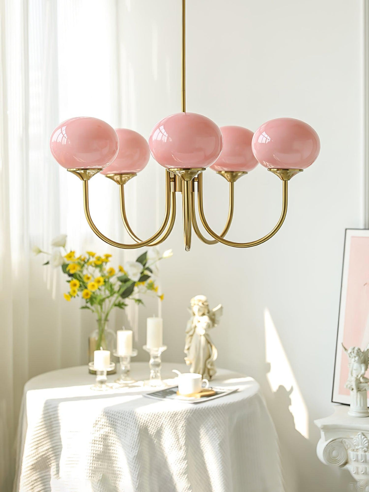 Orb Pendant Light with Adjustable Height Metal Frame and Spherical Shades for Kitchen Island Dining Living Room Bedroom E27 Socket Pink Whit