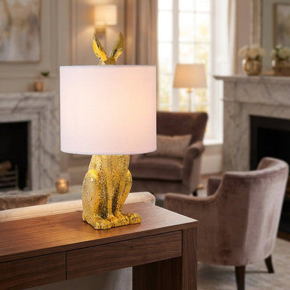 Resin Bunny Accent Lamp with Linen Shade 20 in Tall Gold Finish Decorative Nightstand Light E27 Socket Animal Sculpture for Bedroom Living R