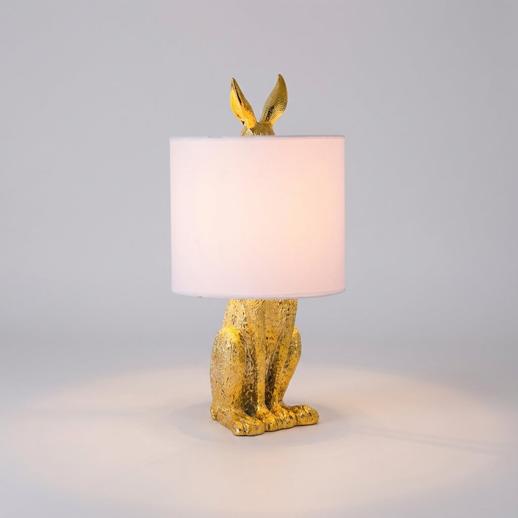 Resin Bunny Accent Lamp with Linen Shade 20 in Tall Gold Finish Decorative Nightstand Light E27 Socket Animal Sculpture for Bedroom Living R