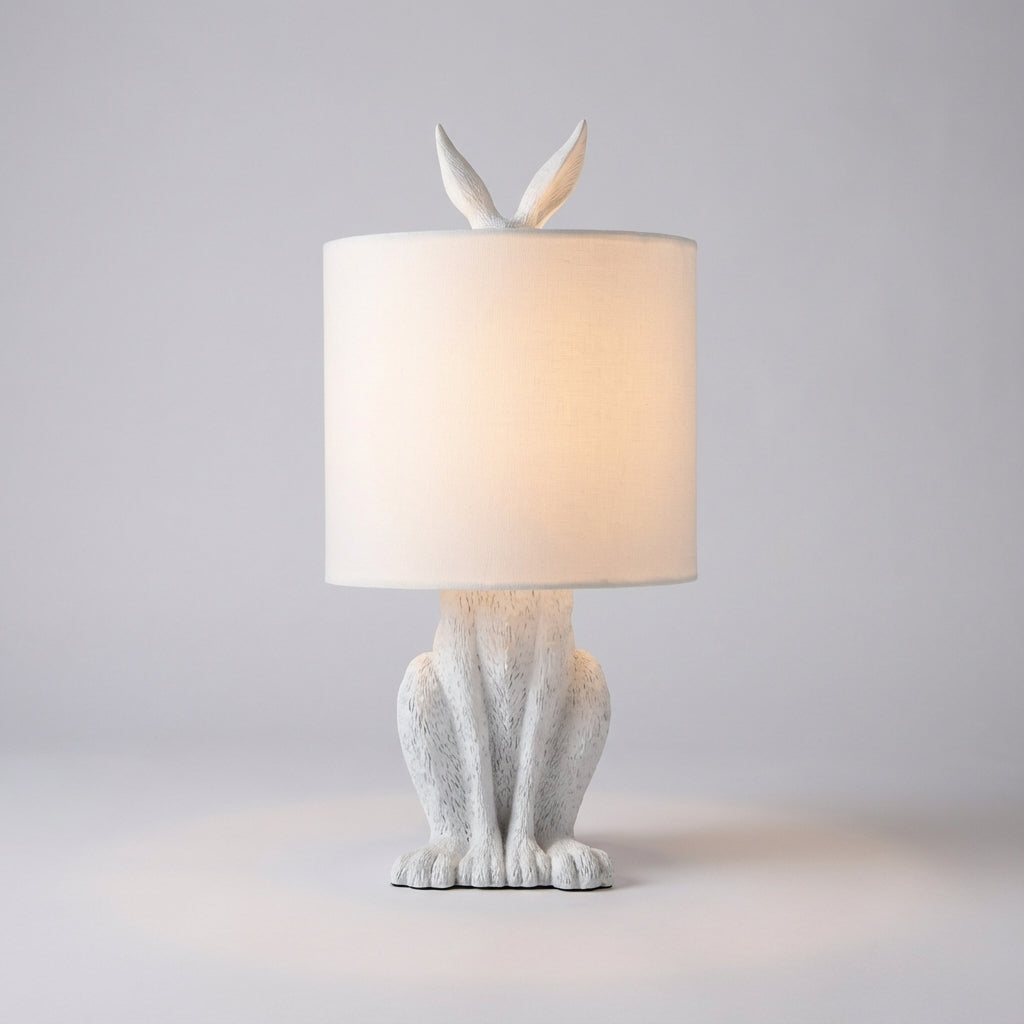 Resin Bunny Accent Lamp with Linen Shade 20 in Tall Gold Finish Decorative Nightstand Light E27 Socket Animal Sculpture for Bedroom Living R