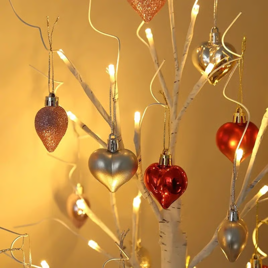 Illuminated Birch Tree Lamp with 18 Heart Ornaments – Battery or USB Powered Light for Bedroom, Living Room & Office