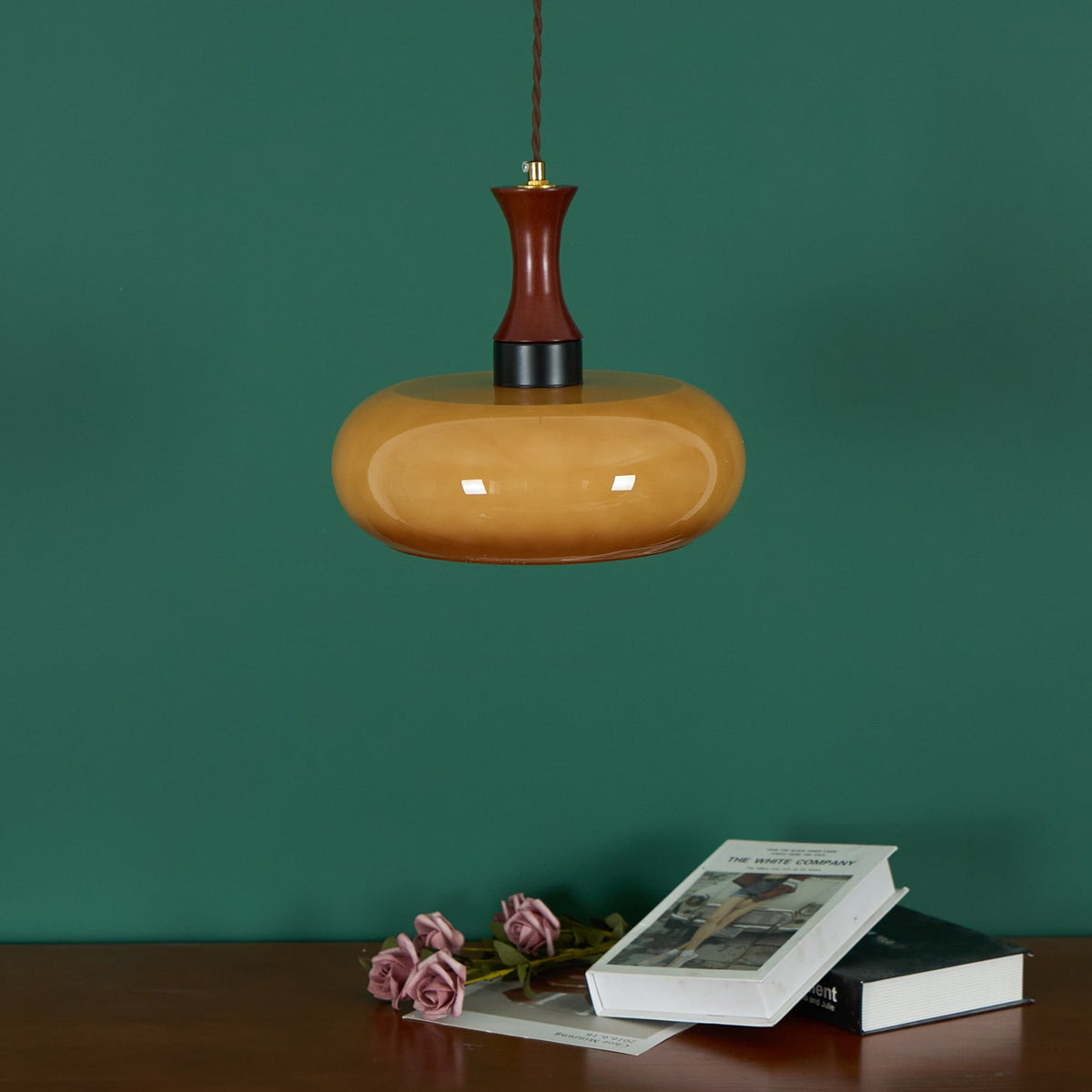 Glass Pendant Light for Kitchen Island & Dining Room — Adjustable Hanging Fixture with Warm Amber Shade, 11 Inch Wide, Dimmable Modern Farmh