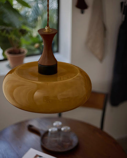 Hanging Light Fixture with Amber Glass Shade 7 Inch Diameter Adjustable Cord for Kitchen Islands Dining Tables Breakfast Bars Modern Farmhou