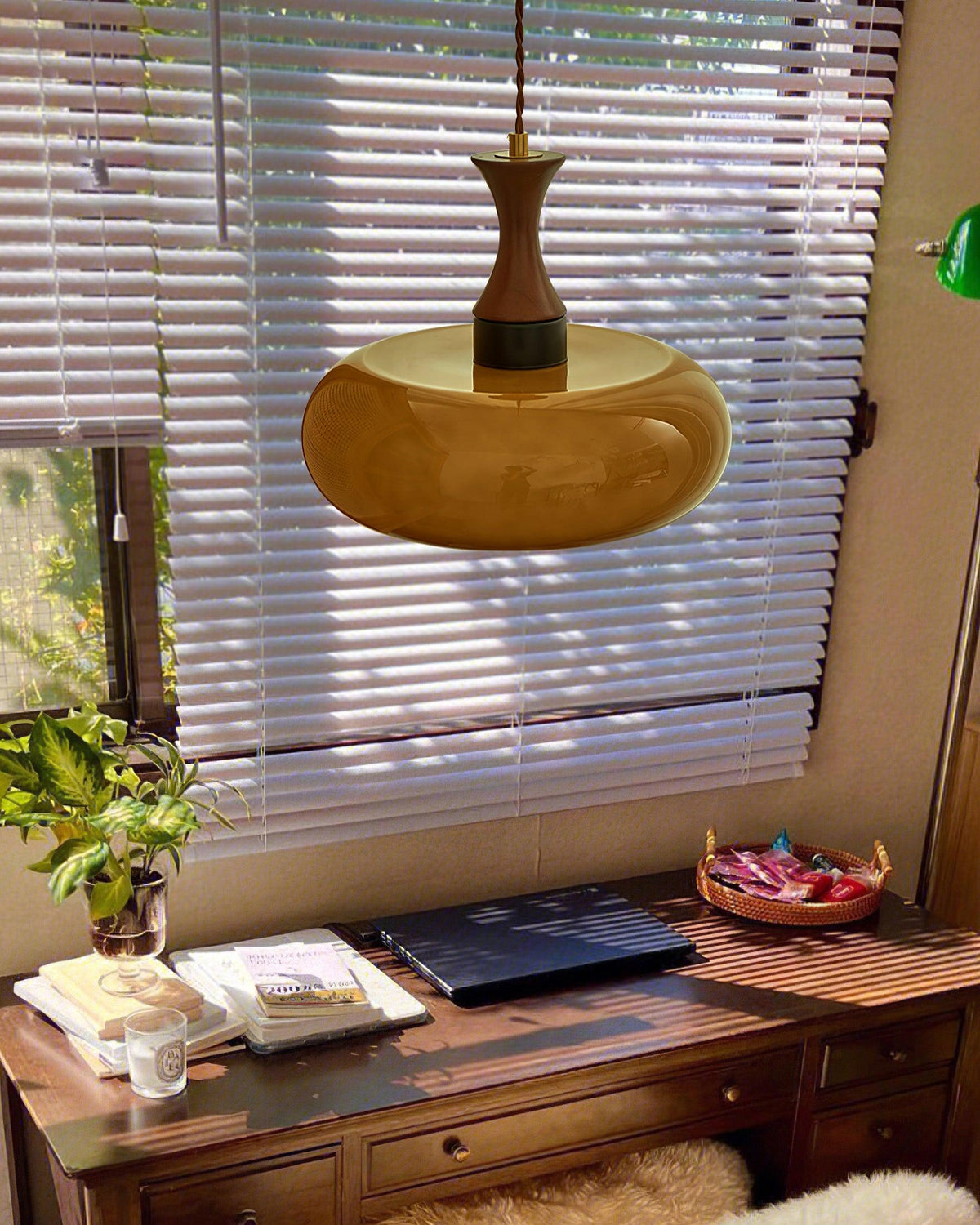 Hanging Light Fixture with Amber Glass Shade 7 Inch Diameter Adjustable Cord for Kitchen Islands Dining Tables Breakfast Bars Modern Farmhou