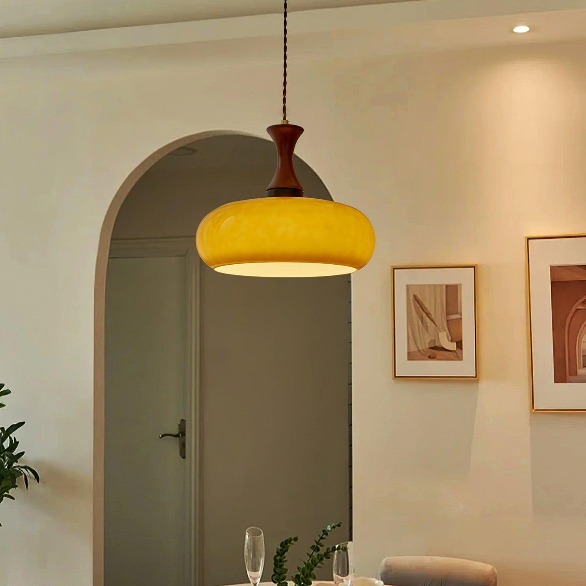Hanging Light Fixture with Amber Glass Shade 7 Inch Diameter Adjustable Cord for Kitchen Islands Dining Tables Breakfast Bars Modern Farmhou