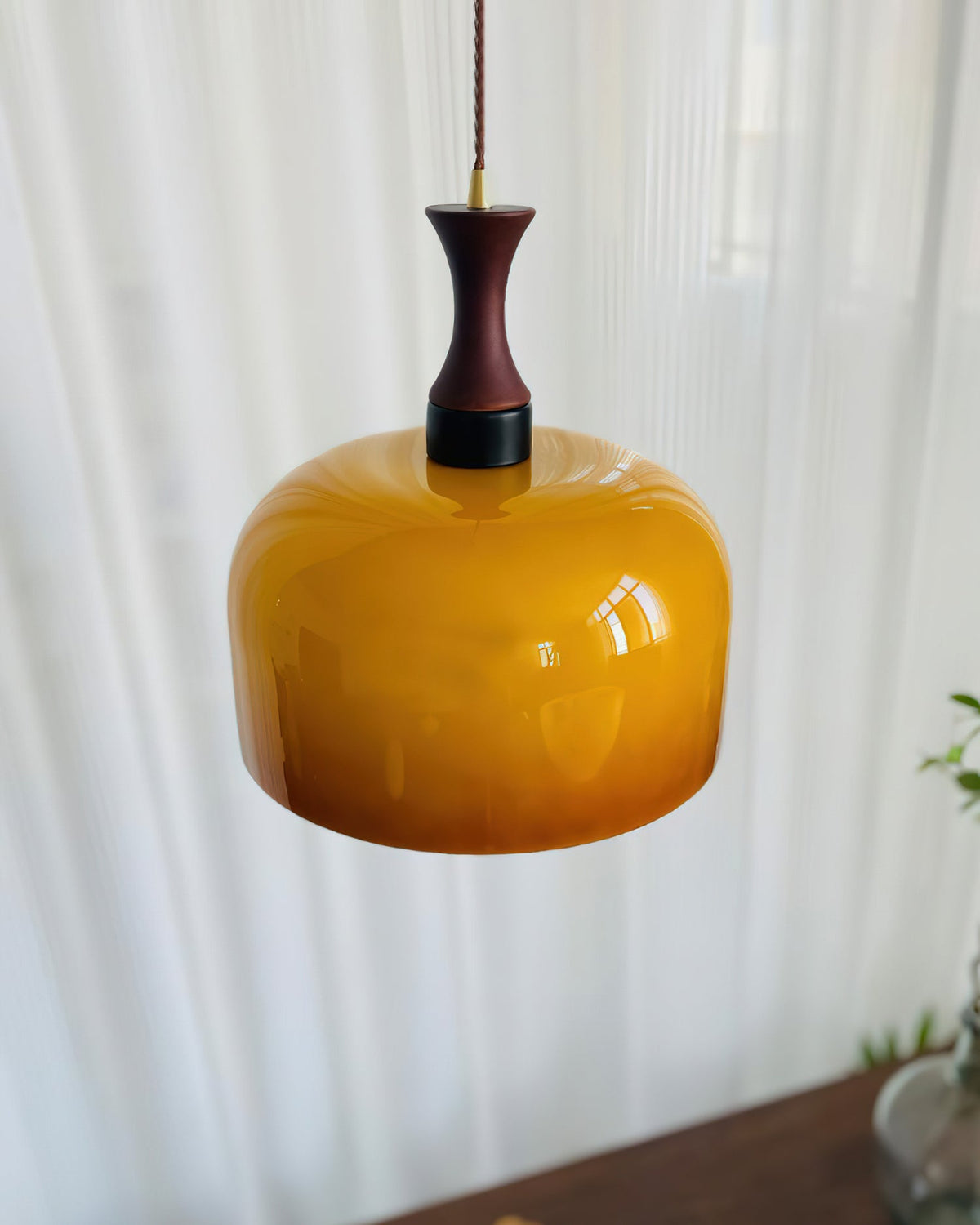 Hanging Light Fixture with Amber Glass Shade 7 Inch Diameter Adjustable Cord for Kitchen Islands Dining Tables Breakfast Bars Modern Farmhou
