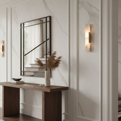 Handcrafted Alabaster Sconce with Brass Accent 14 in Wall Light for Bedroom Hallway Living Room Indoor Fixture G4 LED Modern Elongated Stone