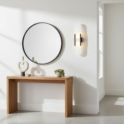Handcrafted Alabaster Sconce with Brass Accent 14 in Wall Light for Bedroom Hallway Living Room Indoor Fixture G4 LED Modern Elongated Stone