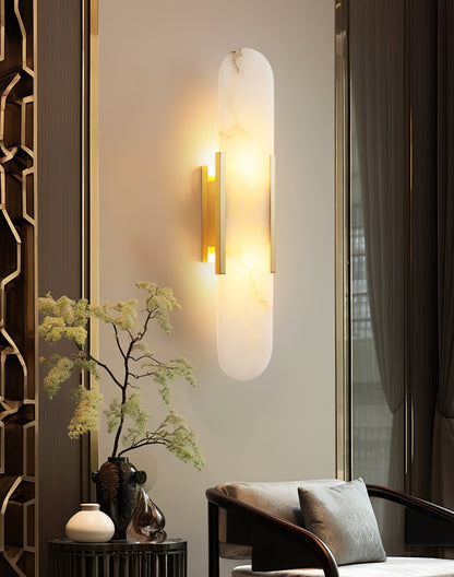 Handcrafted Alabaster Sconce with Brass Accent 14 in Wall Light for Bedroom Hallway Living Room Indoor Fixture G4 LED Modern Elongated Stone