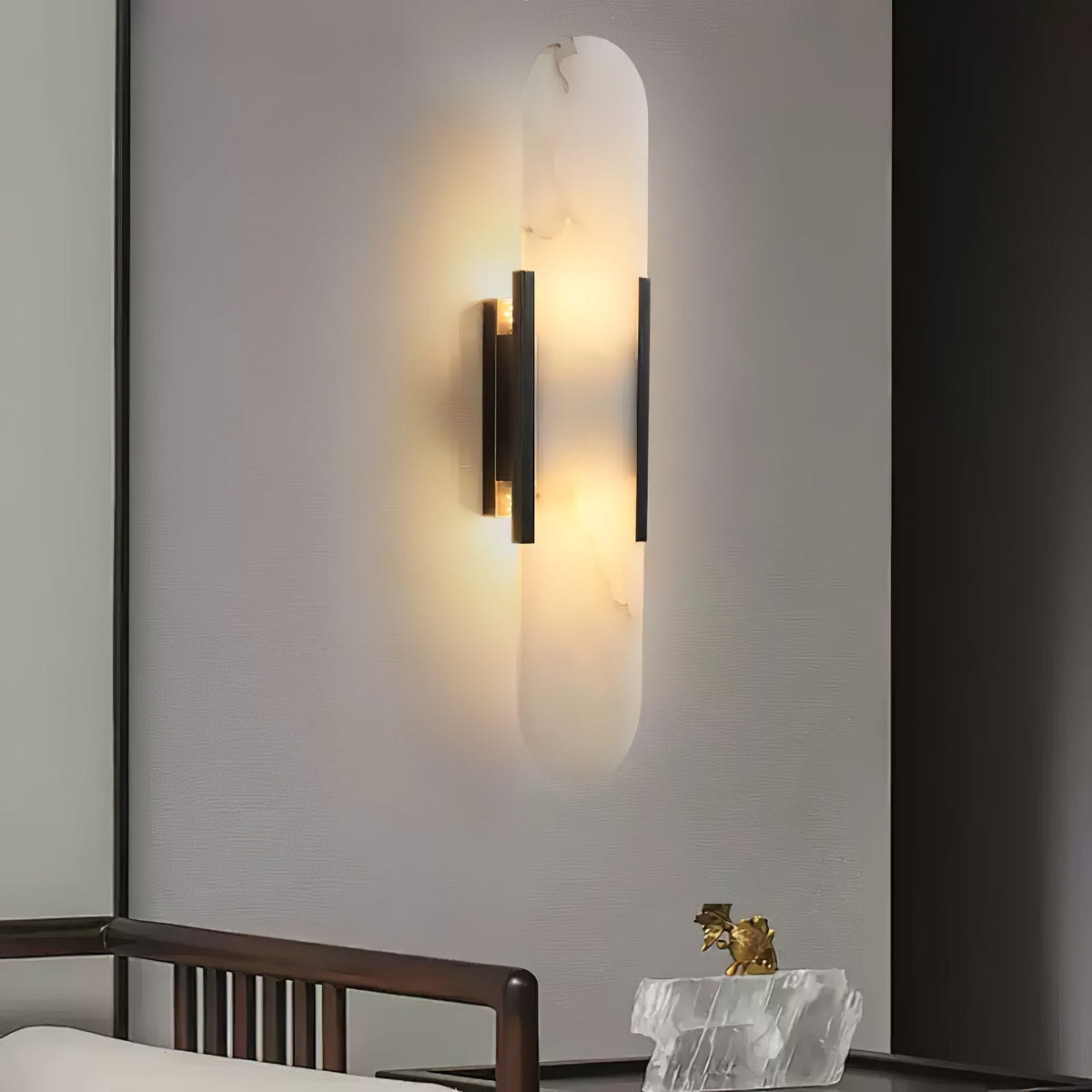 Handcrafted Alabaster Sconce with Brass Accent 14 in Wall Light for Bedroom Hallway Living Room Indoor Fixture G4 LED Modern Elongated Stone