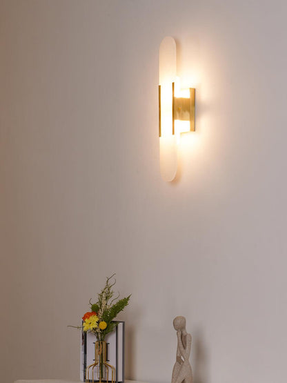 Handcrafted Alabaster Sconce with Brass Accent 14 in Wall Light for Bedroom Hallway Living Room Indoor Fixture G4 LED Modern Elongated Stone