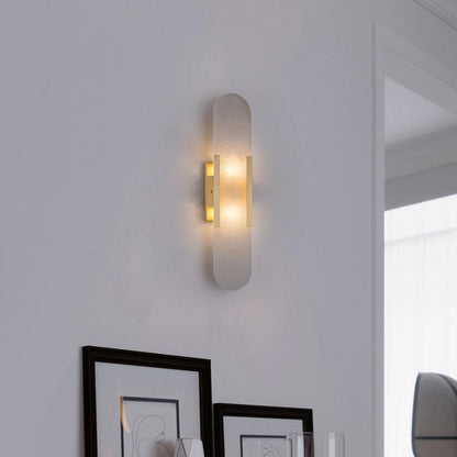 Handcrafted Alabaster Sconce with Brass Accent 14 in Wall Light for Bedroom Hallway Living Room Indoor Fixture G4 LED Modern Elongated Stone