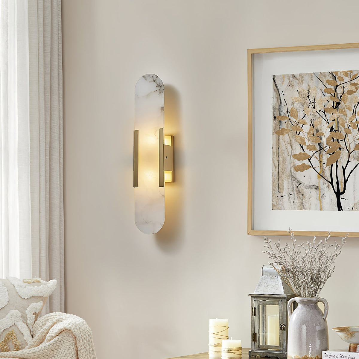 Handcrafted Alabaster Sconce with Brass Accent 14 in Wall Light for Bedroom Hallway Living Room Indoor Fixture G4 LED Modern Elongated Stone