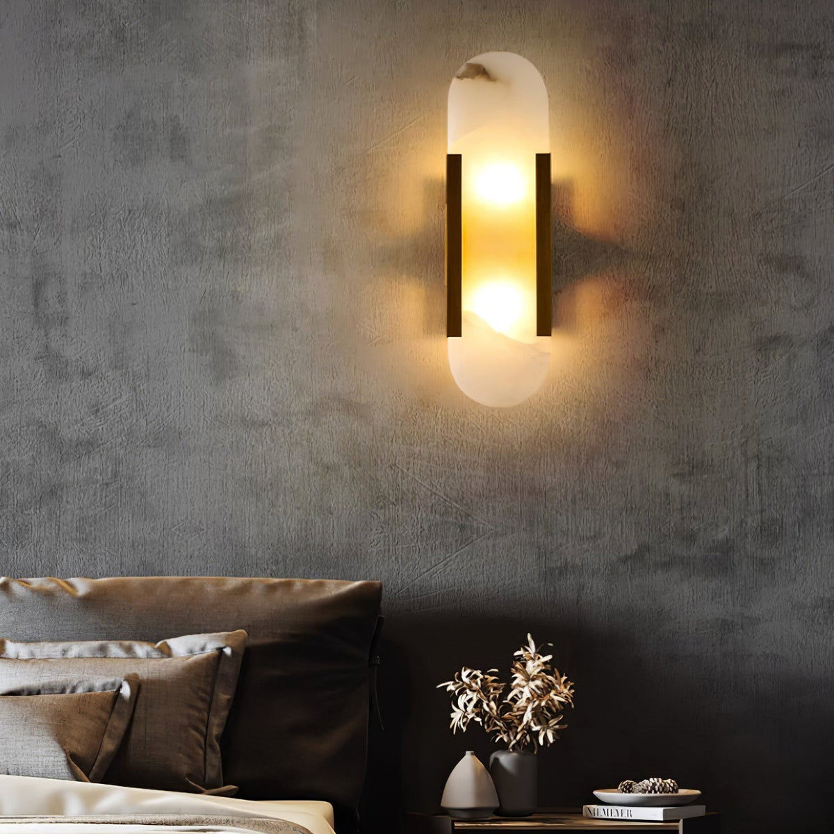 Handcrafted Alabaster Sconce with Brass Accent 14 in Wall Light for Bedroom Hallway Living Room Indoor Fixture G4 LED Modern Elongated Stone