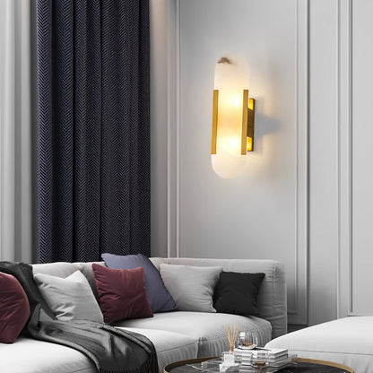 Handcrafted Alabaster Sconce with Brass Accent 14 in Wall Light for Bedroom Hallway Living Room Indoor Fixture G4 LED Modern Elongated Stone