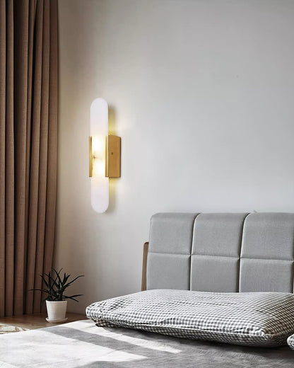 Handcrafted Alabaster Sconce with Brass Accent 14 in Wall Light for Bedroom Hallway Living Room Indoor Fixture G4 LED Modern Elongated Stone