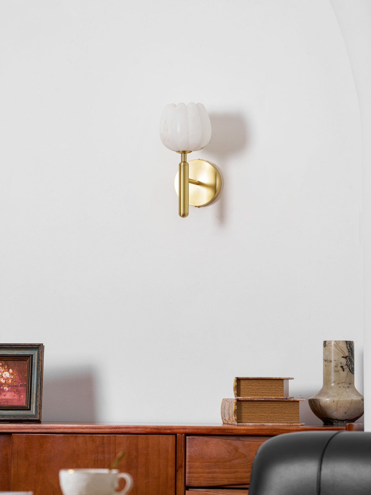 LED Wall Sconce with Alabaster Shade Brass Finish 12 in Indoor Accent Light for Bedroom Hallway Living Room Modern Floral Design E12 Base 15