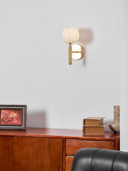 LED Wall Sconce with Alabaster Shade Brass Finish 12 in Indoor Accent Light for Bedroom Hallway Living Room Modern Floral Design E12 Base 15