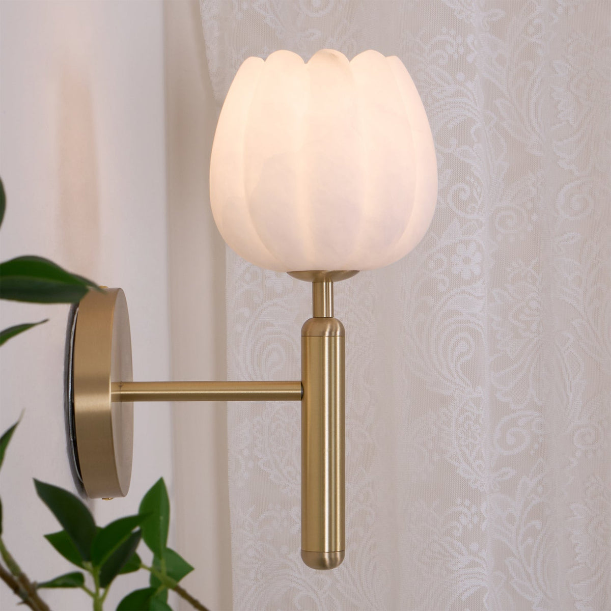 LED Wall Sconce with Alabaster Shade Brass Finish 12 in Indoor Accent Light for Bedroom Hallway Living Room Modern Floral Design E12 Base 15