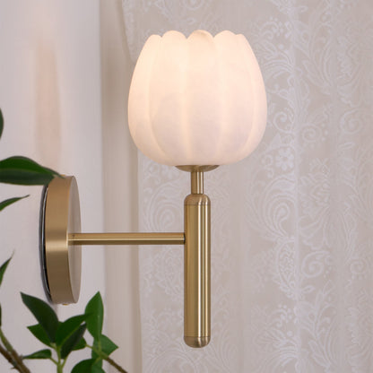 LED Wall Sconce with Alabaster Shade Brass Finish 12 in Indoor Accent Light for Bedroom Hallway Living Room Modern Floral Design E12 Base 15