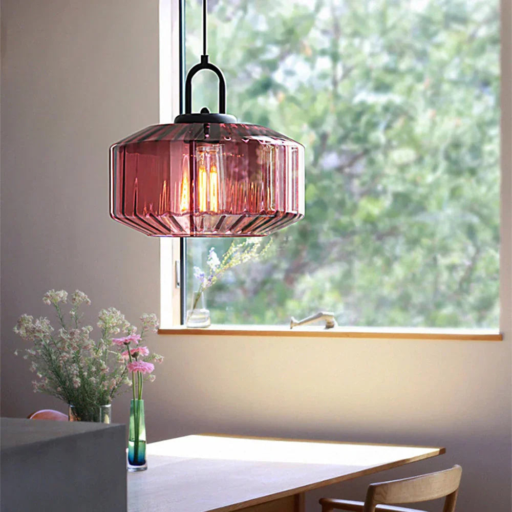 Artisan Glass Drop Light 11 in Green Striped Shade for Dining Tables Kitchen Islands Compact Overhead Fixture Ambient LED Glow