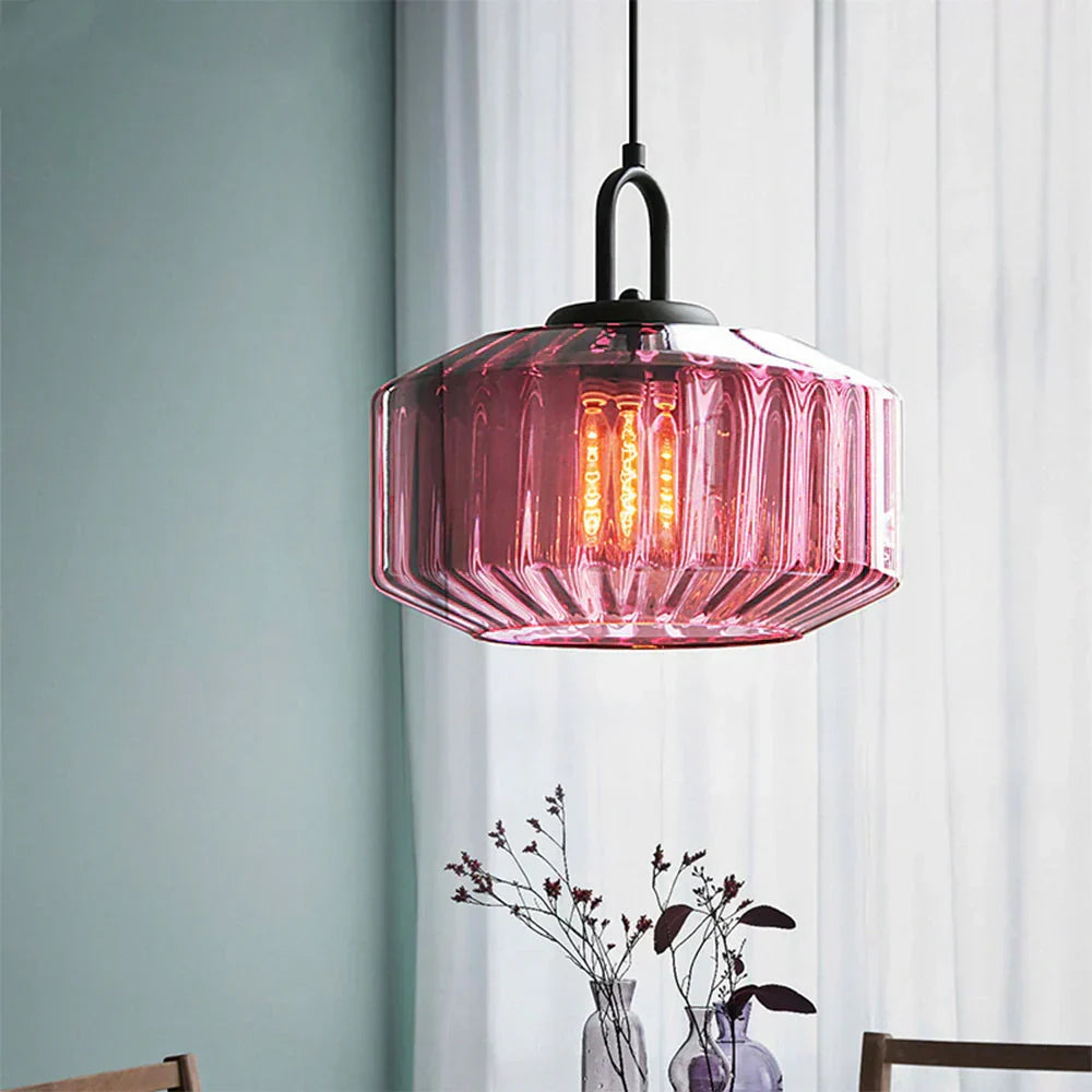 Artisan Glass Drop Light 11 in Green Striped Shade for Dining Tables Kitchen Islands Compact Overhead Fixture Ambient LED Glow