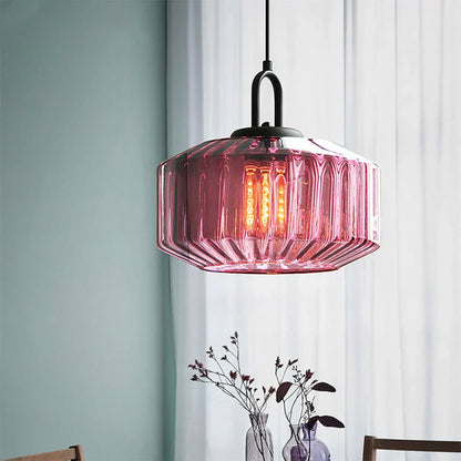 Artisan Glass Drop Light 11 in Green Striped Shade for Dining Tables Kitchen Islands Compact Overhead Fixture Ambient LED Glow