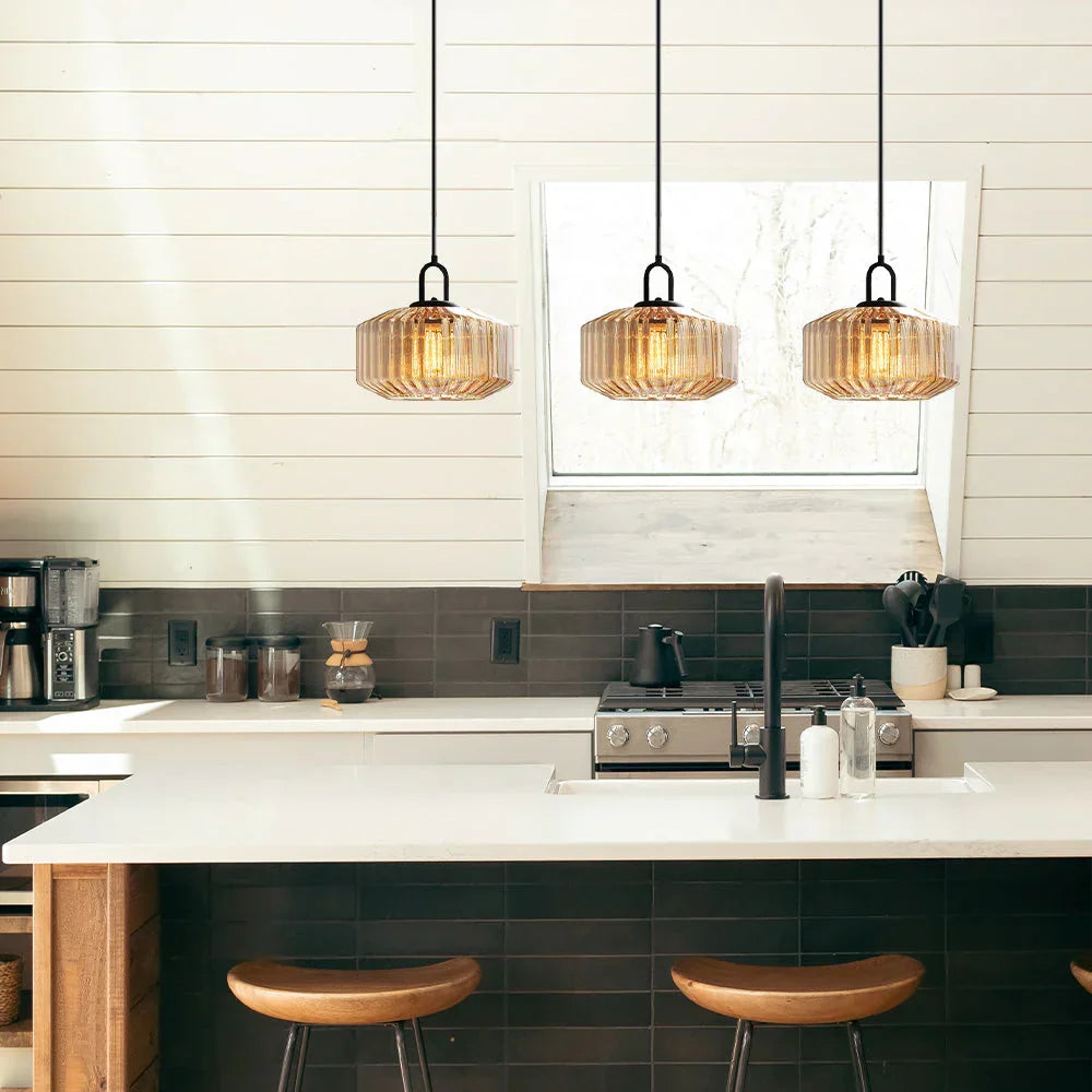 Artisan Glass Drop Light 11 in Green Striped Shade for Dining Tables Kitchen Islands Compact Overhead Fixture Ambient LED Glow