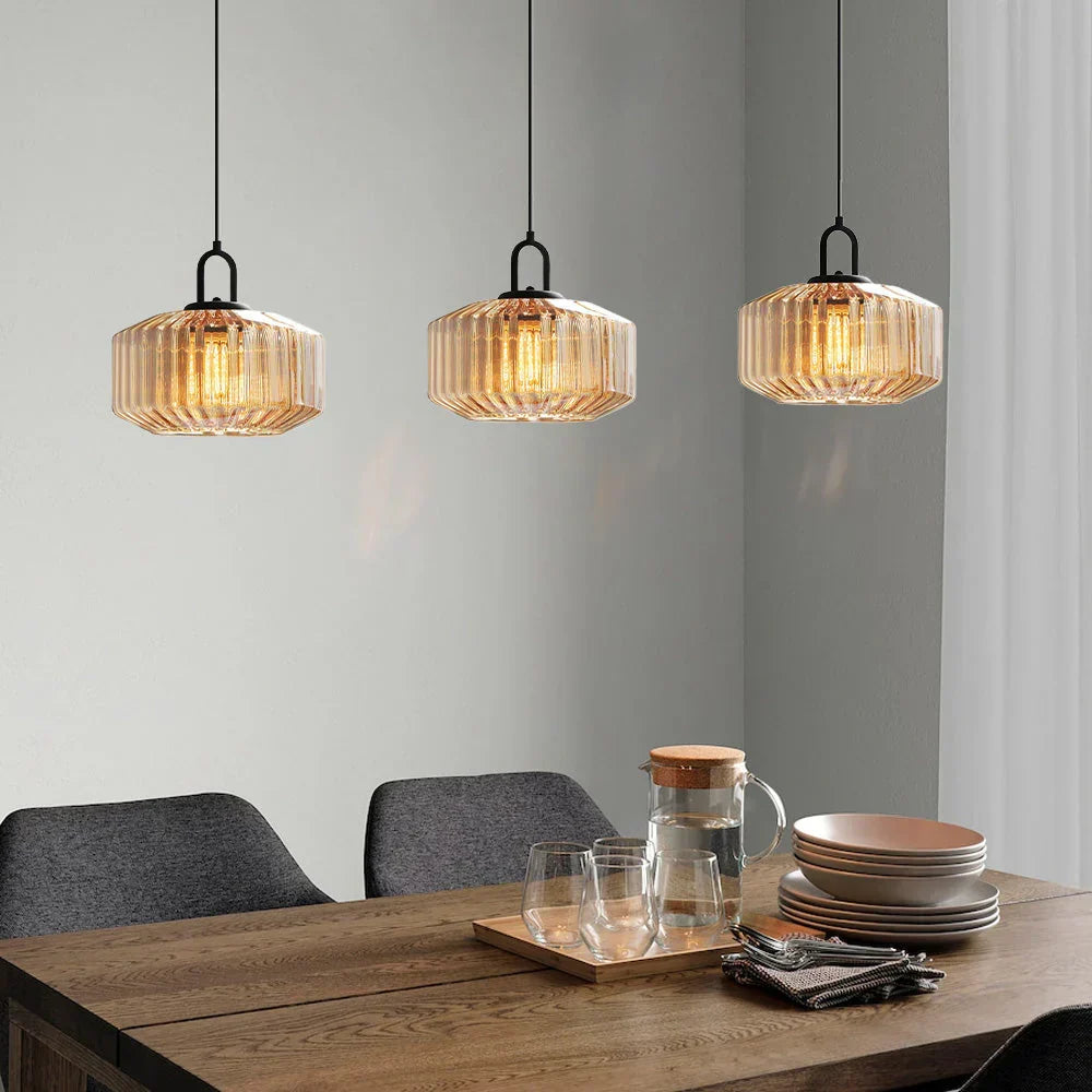 Artisan Glass Drop Light 11 in Green Striped Shade for Dining Tables Kitchen Islands Compact Overhead Fixture Ambient LED Glow
