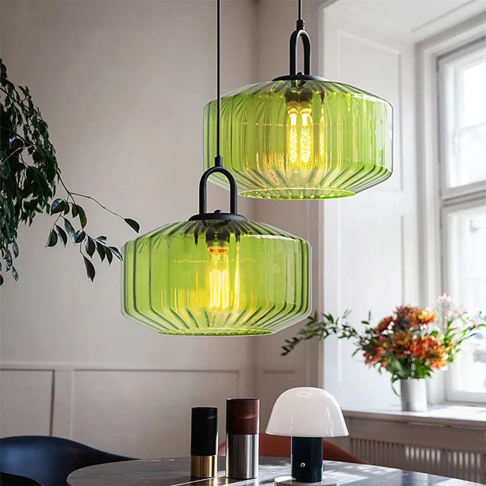 Artisan Glass Drop Light 11 in Green Striped Shade for Dining Tables Kitchen Islands Compact Overhead Fixture Ambient LED Glow