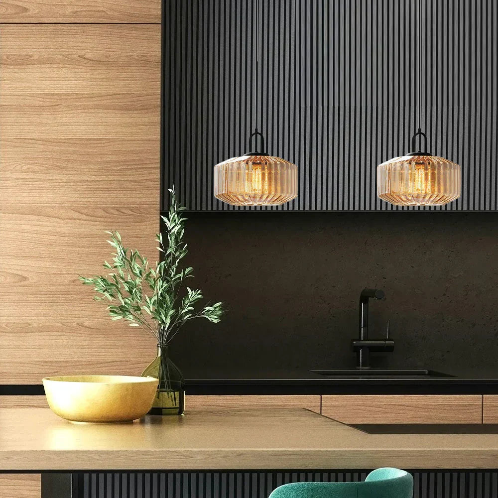 Artisan Glass Drop Light 11 in Green Striped Shade for Dining Tables Kitchen Islands Compact Overhead Fixture Ambient LED Glow