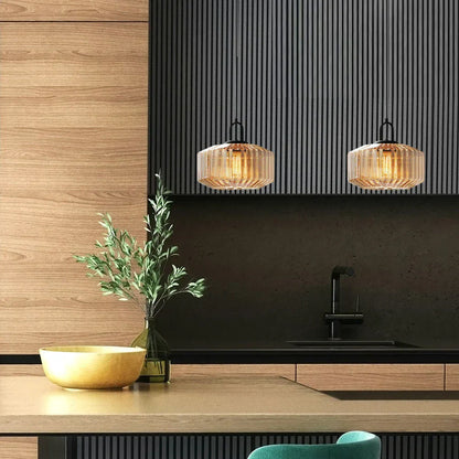 Artisan Glass Drop Light 11 in Green Striped Shade for Dining Tables Kitchen Islands Compact Overhead Fixture Ambient LED Glow